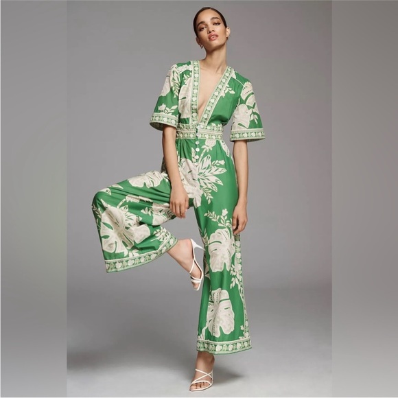 Farm Rio green monstera wide print jumpsuit